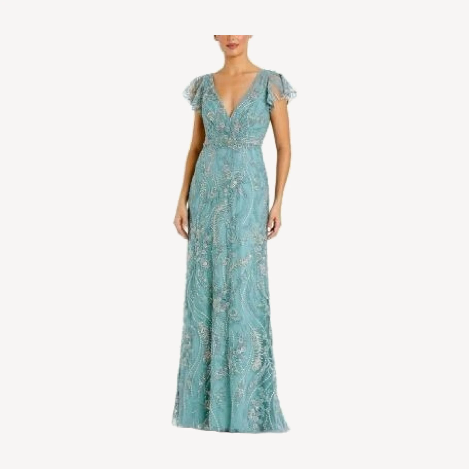 Mac Duggal V-Neck Flutter Sleeve Floral Embroidered Gown