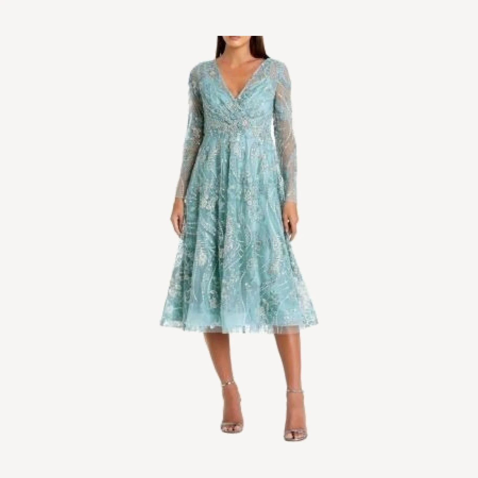 Mac Duggal Floral Embroidered V Neck Long Sleeve Midi Dress