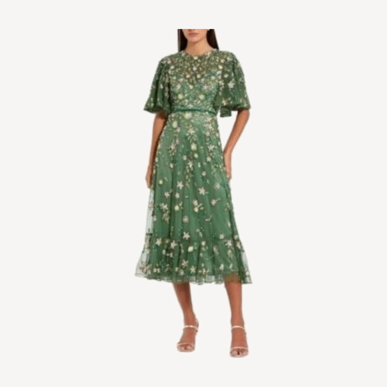 Mac Duggal Floral Embellished Flutter Sleeve Midi Dress