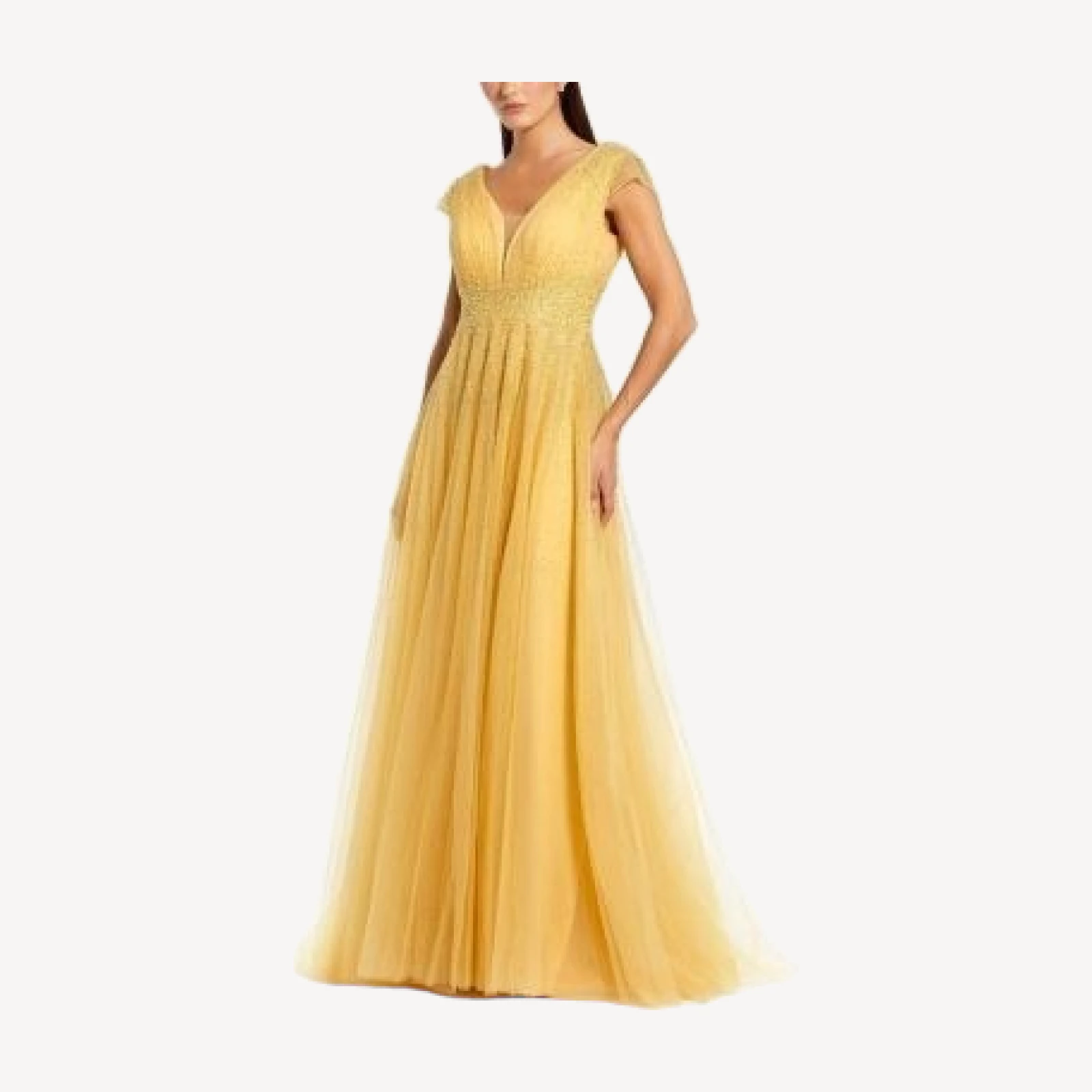 Mac Duggal Embellished Tulle Cap Sleeve V Neck Gown