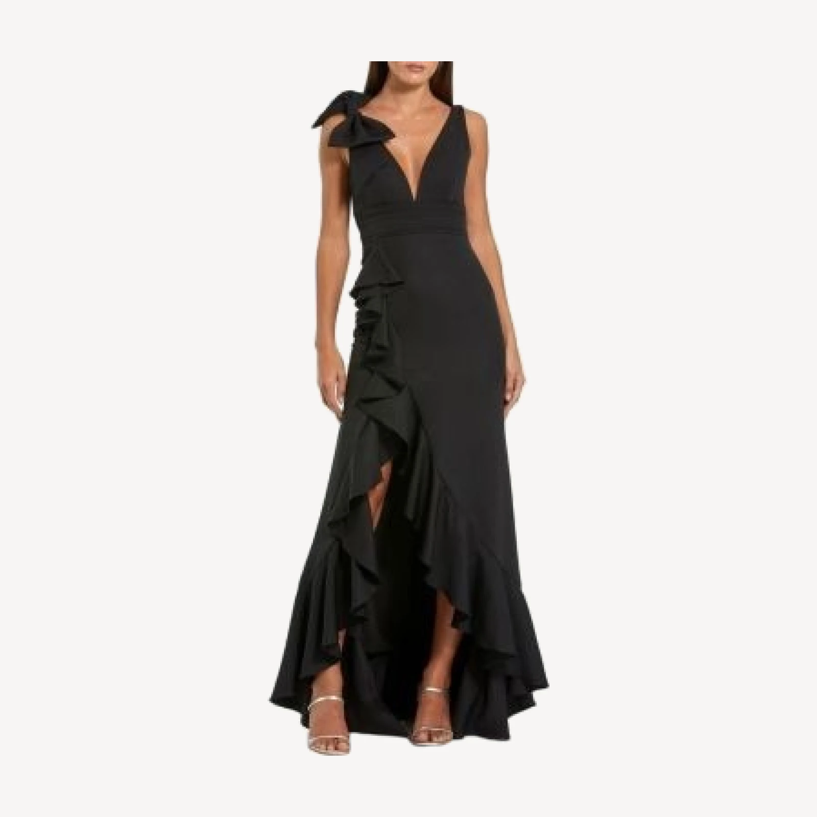 Mac Duggal Crepe V Neck Sleeveless Gown with Bow