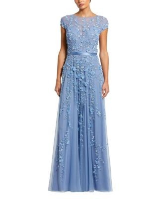 Mac Duggal Floral Embellished Short Sleeve Mesh Gown