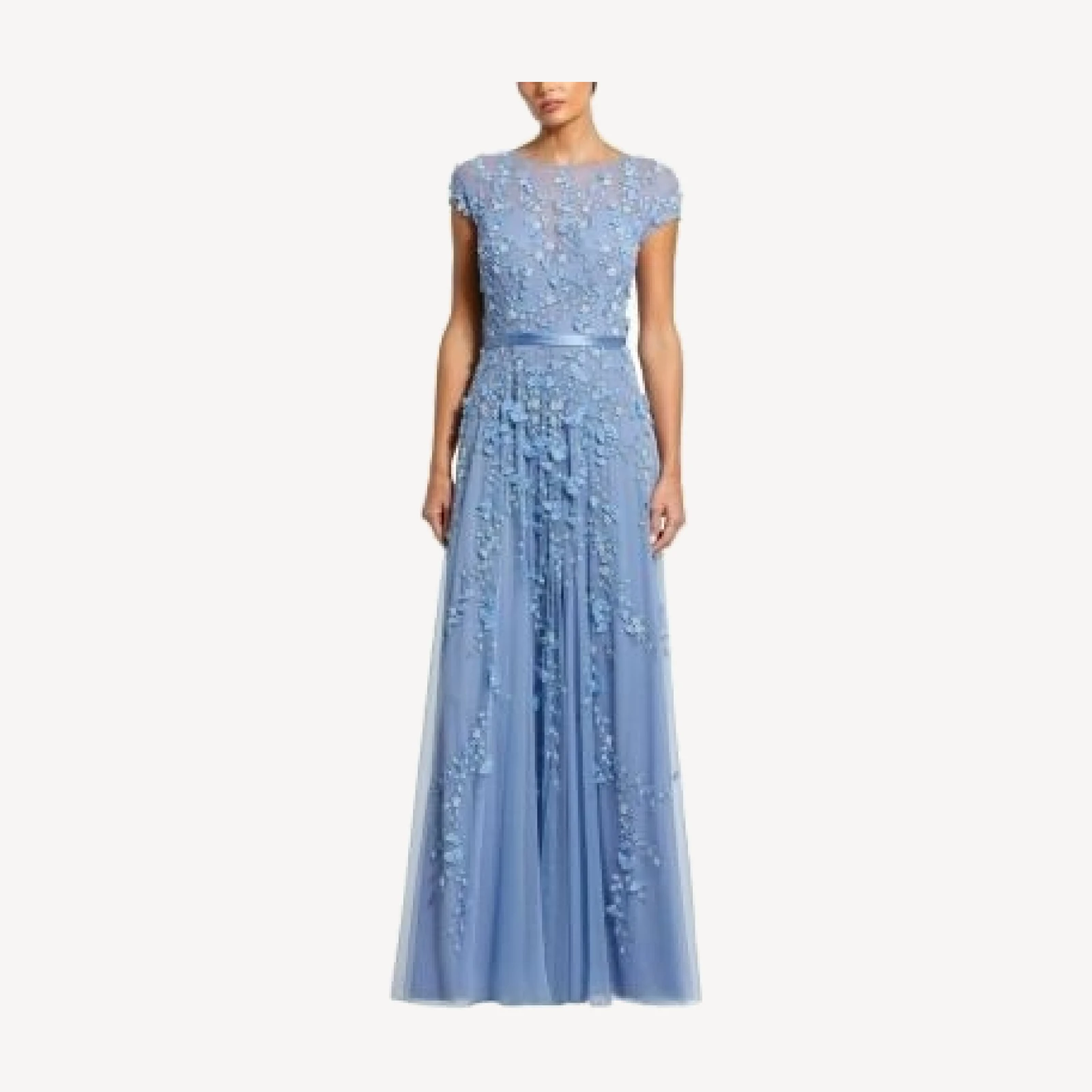 Mac Duggal Floral Embellished Short Sleeve Mesh Gown