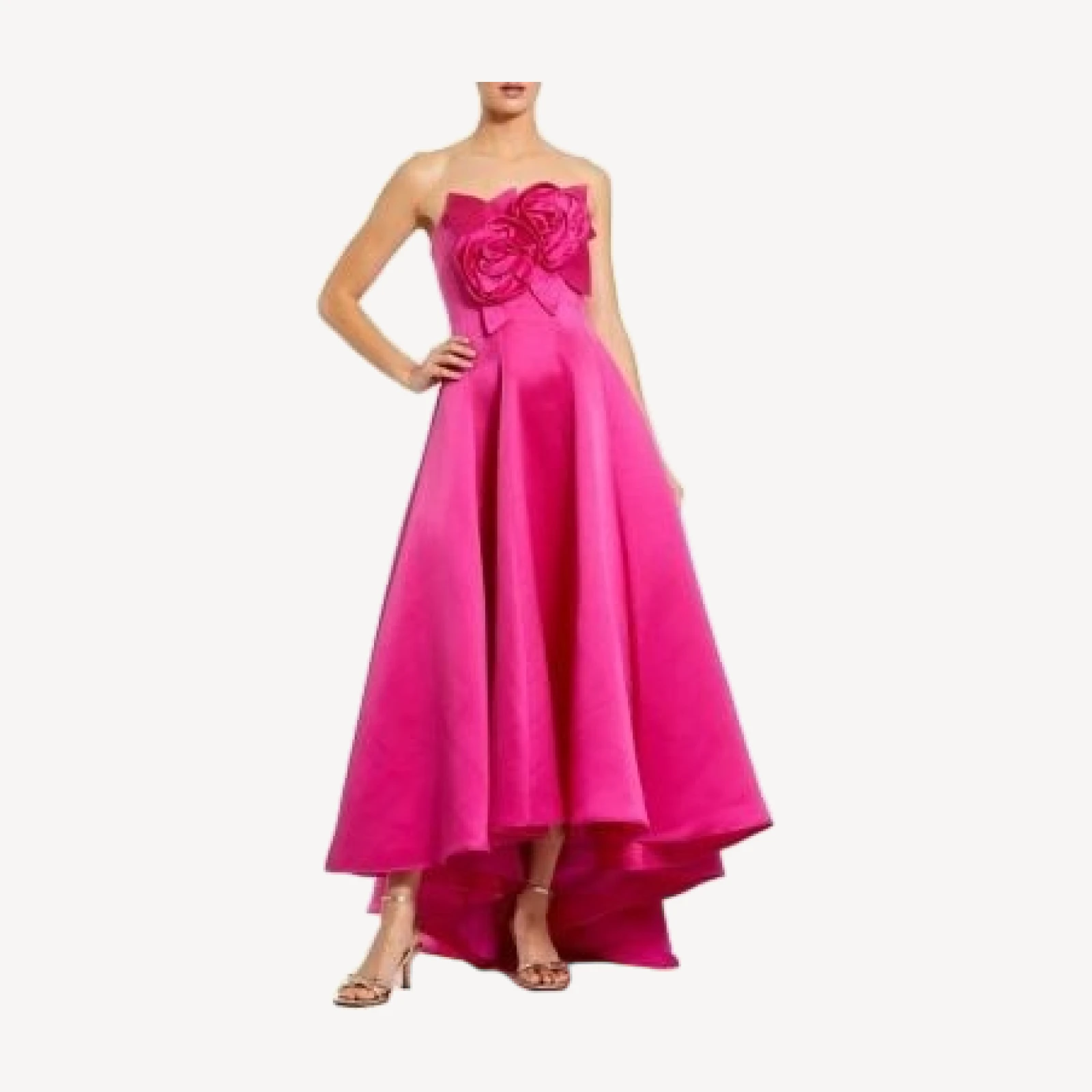 Mac Duggal Strapless Satin High Low Gown with 3D Flowers