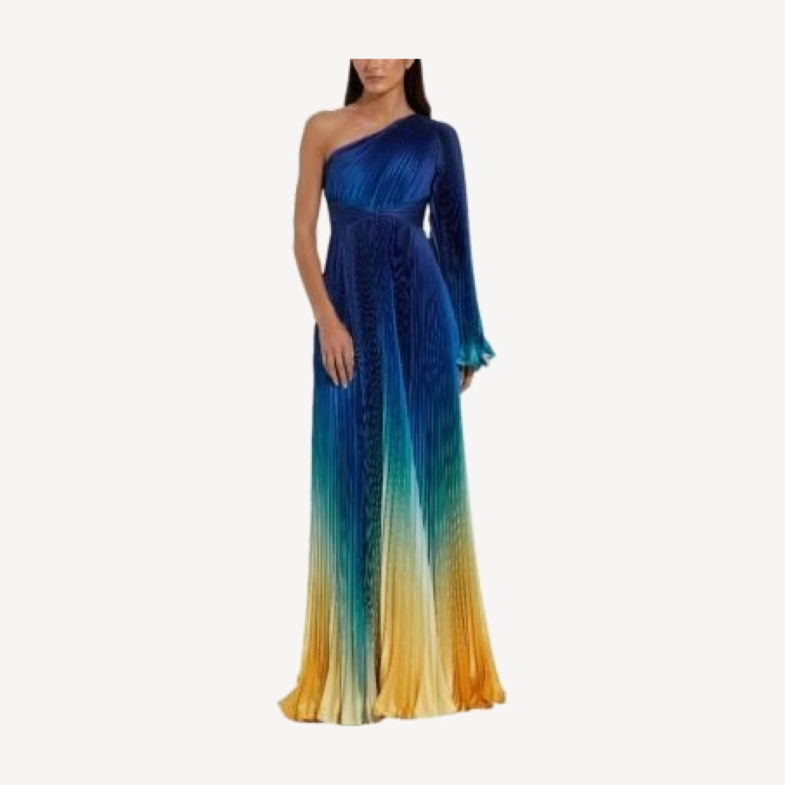 Mac Duggal Pleated Charmeuse One Long Flare Sleeve Gown