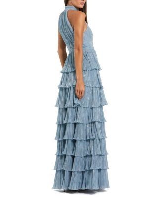 Mac Duggal Pleated Metallic Tiered Gown with 3D Flower