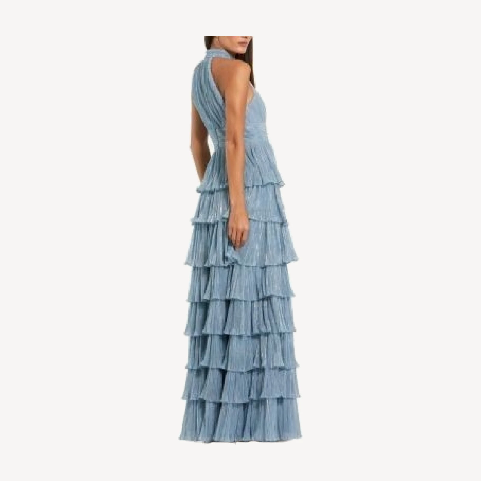 Mac Duggal Pleated Metallic Tiered Gown with 3D Flower