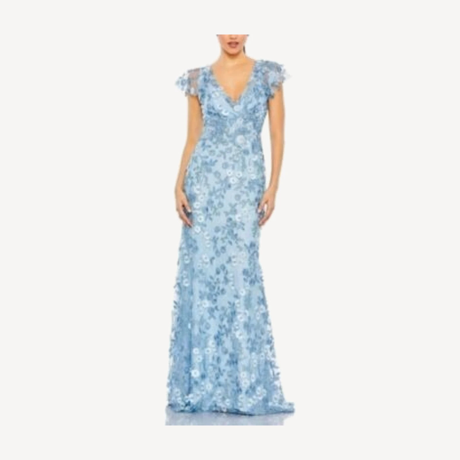 Mac Duggal Embroidered Applique Wrap Over Flutter Sleeve Gown