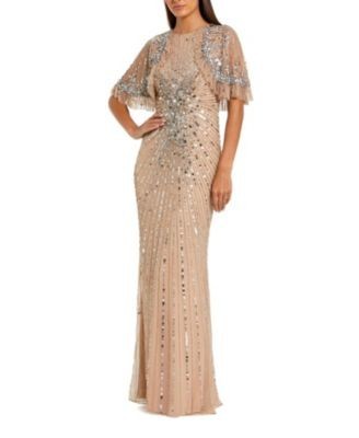 Mac Duggal Fitted Beaded Mesh Gown With Capelet