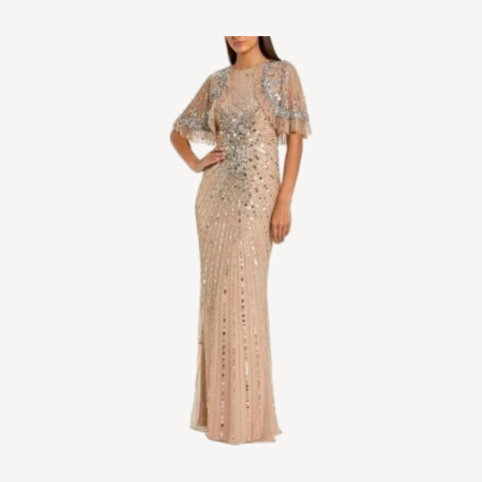 Mac Duggal Fitted Beaded Mesh Gown With Capelet