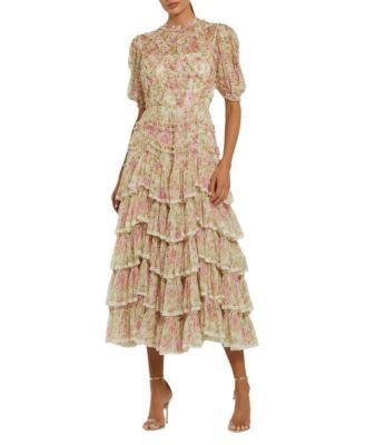 Mac Duggal Lace Trim Printed Mesh High Neck Midi Dress