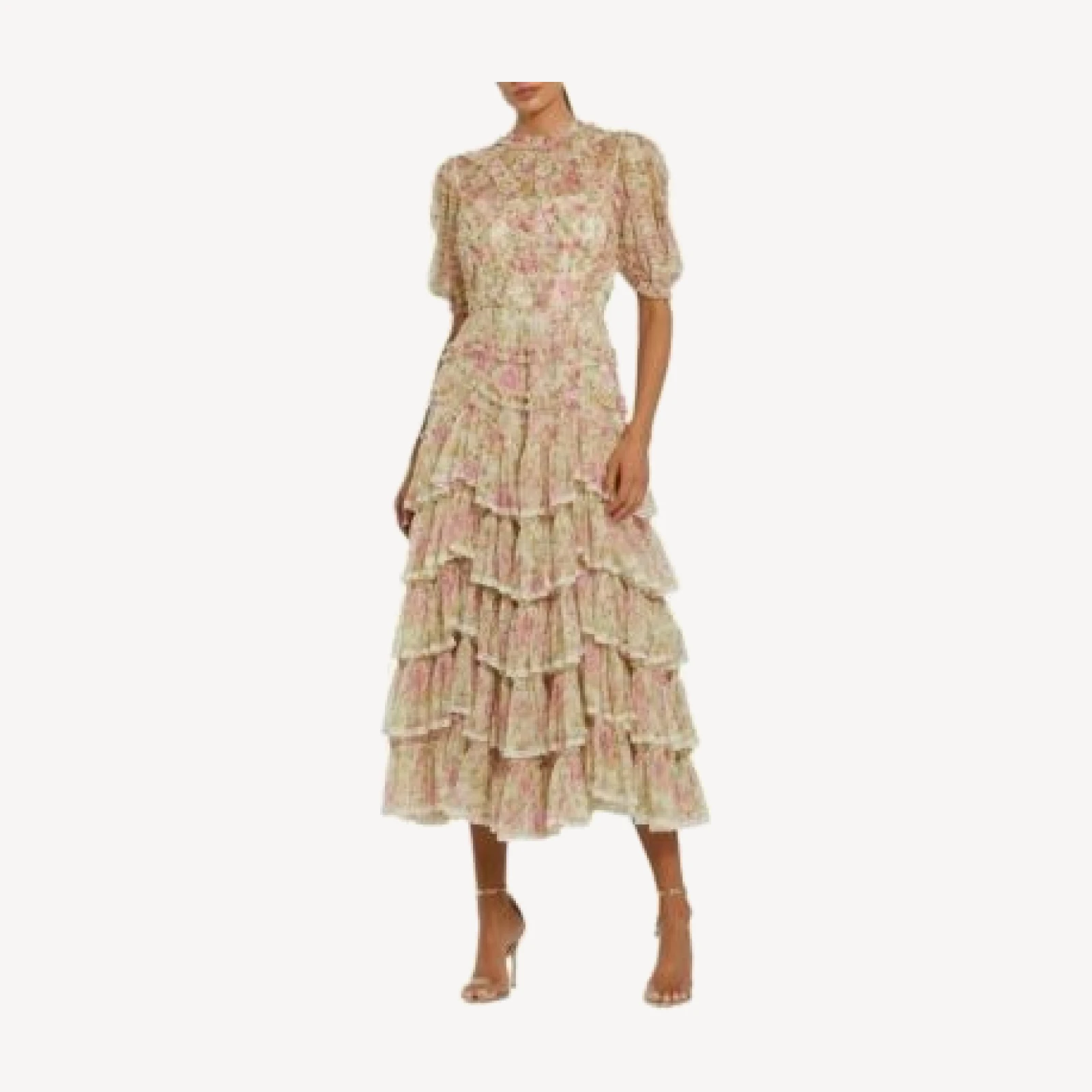 Mac Duggal Lace Trim Printed Mesh High Neck Midi Dress