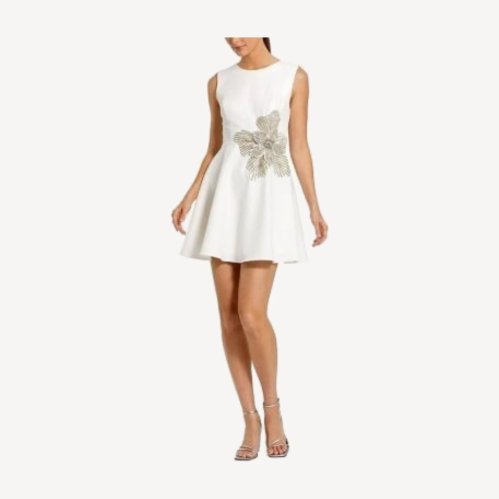 Mac Duggal Crepe Sleeveless Rhinestone Flower Detail Mini Dress