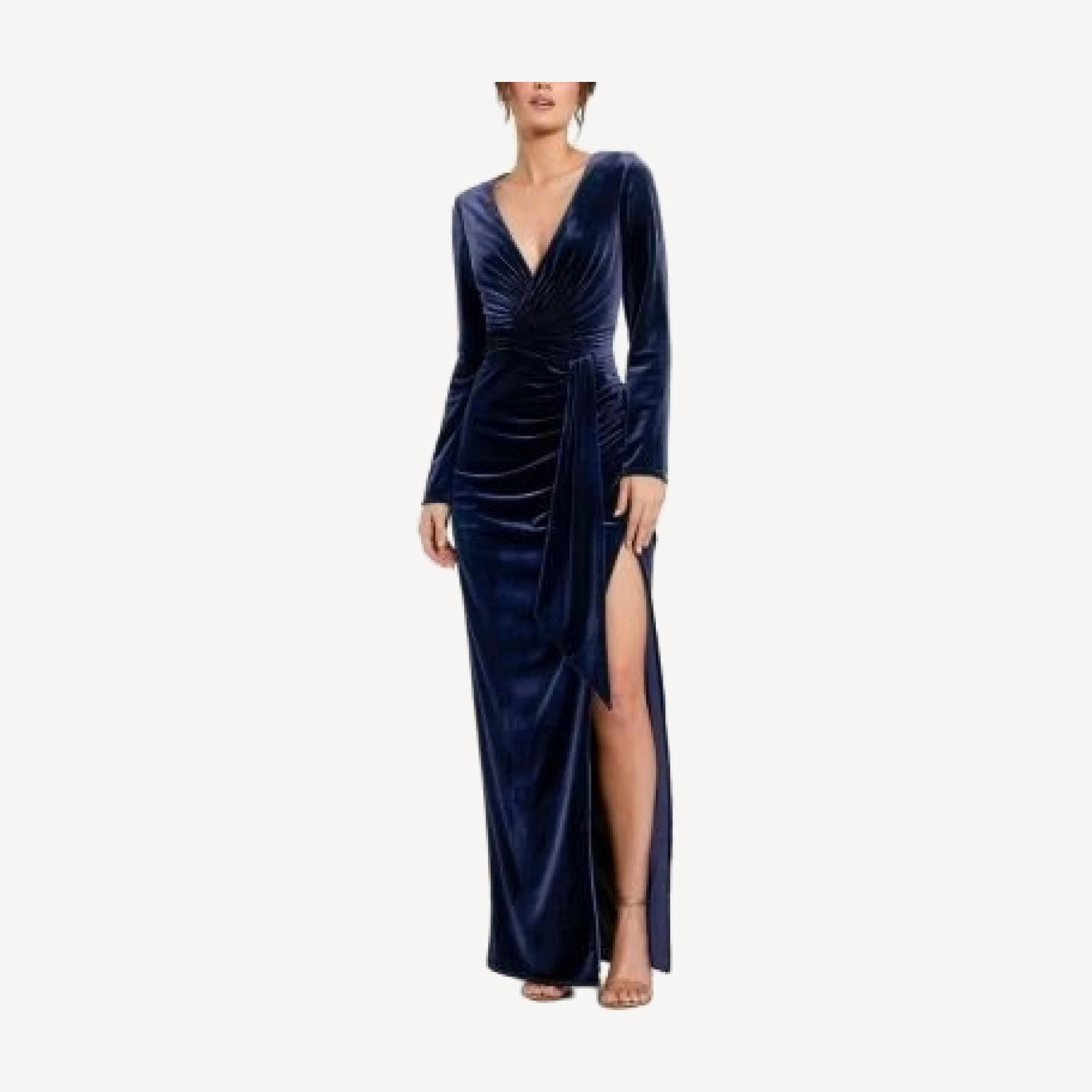 Mac Duggal Long Sleeve Deep V Neck Draped Velvet Gown