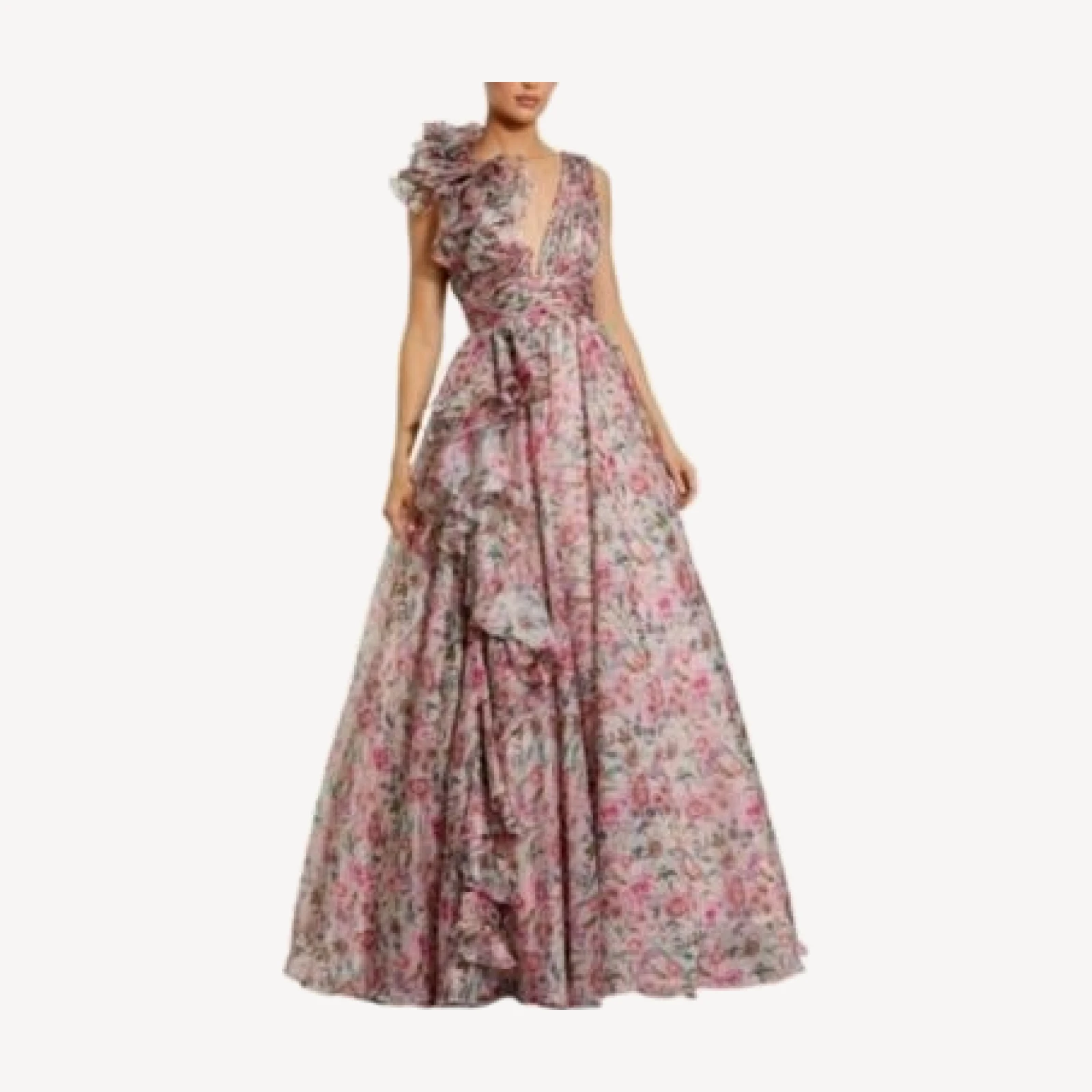 Mac Duggal Ruffle Shoulder V-Neck Printed Chiffon Gown