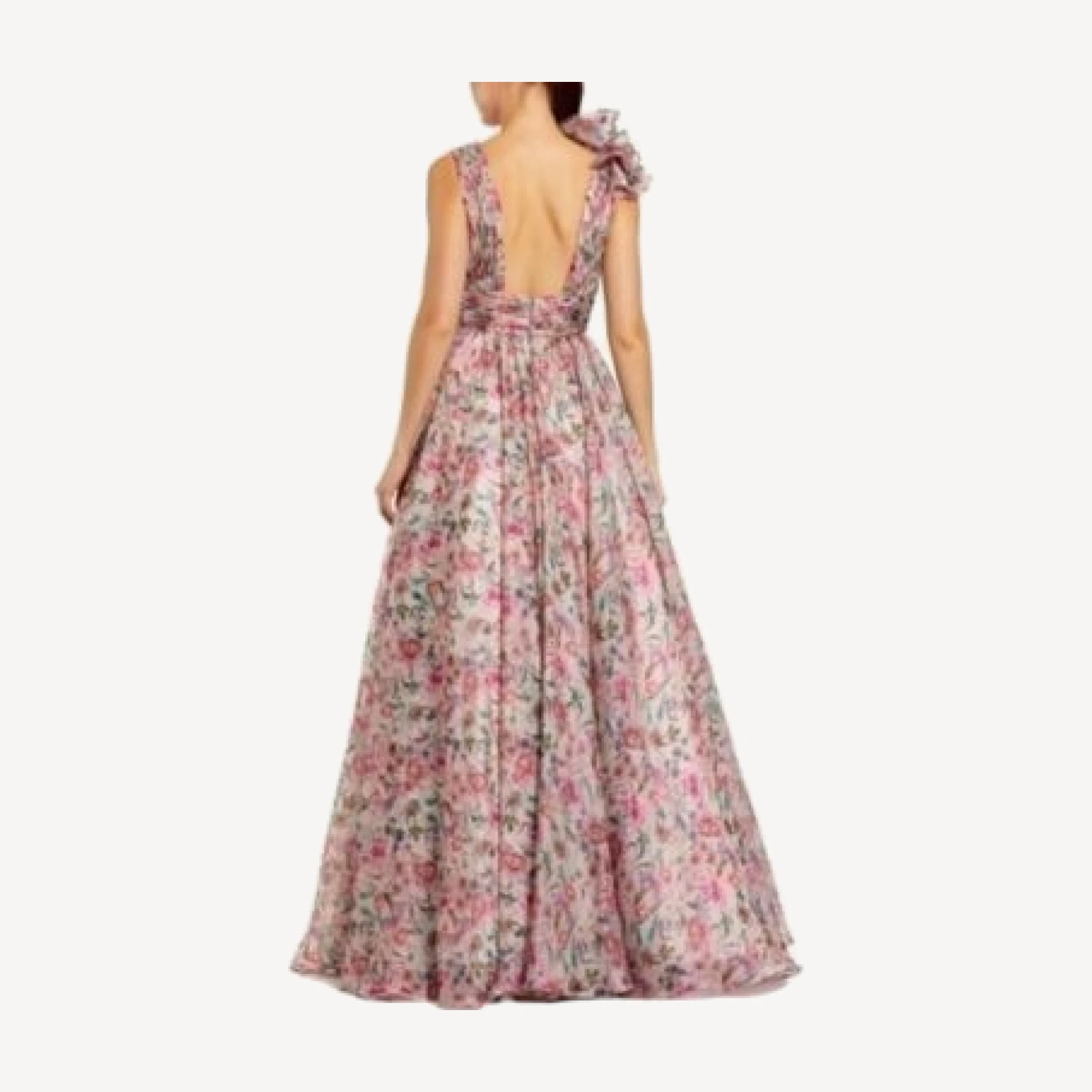 Mac Duggal Ruffle Shoulder V-Neck Printed Chiffon Gown