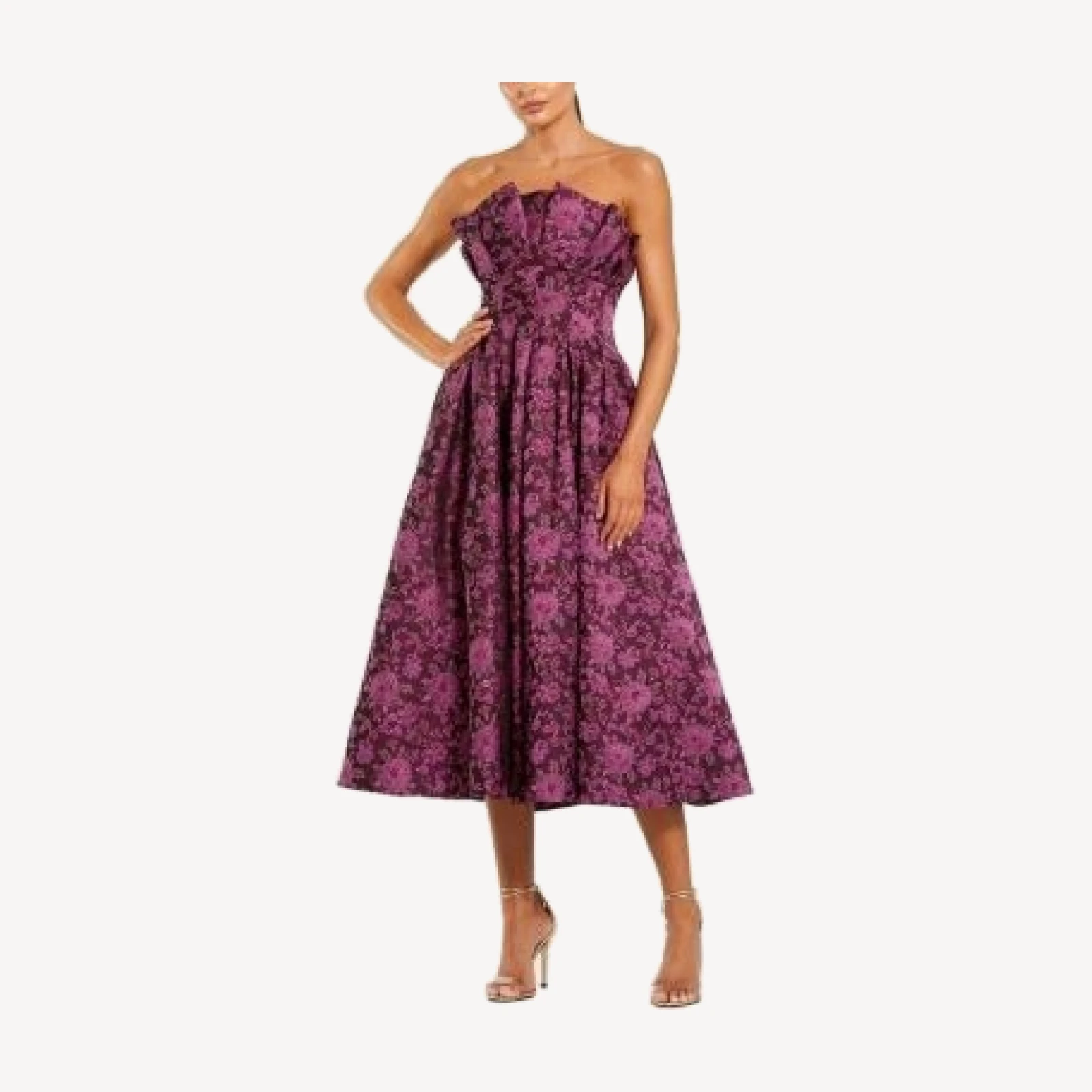 Mac Duggal Strapless Floral Brocade A-line Midi Dress