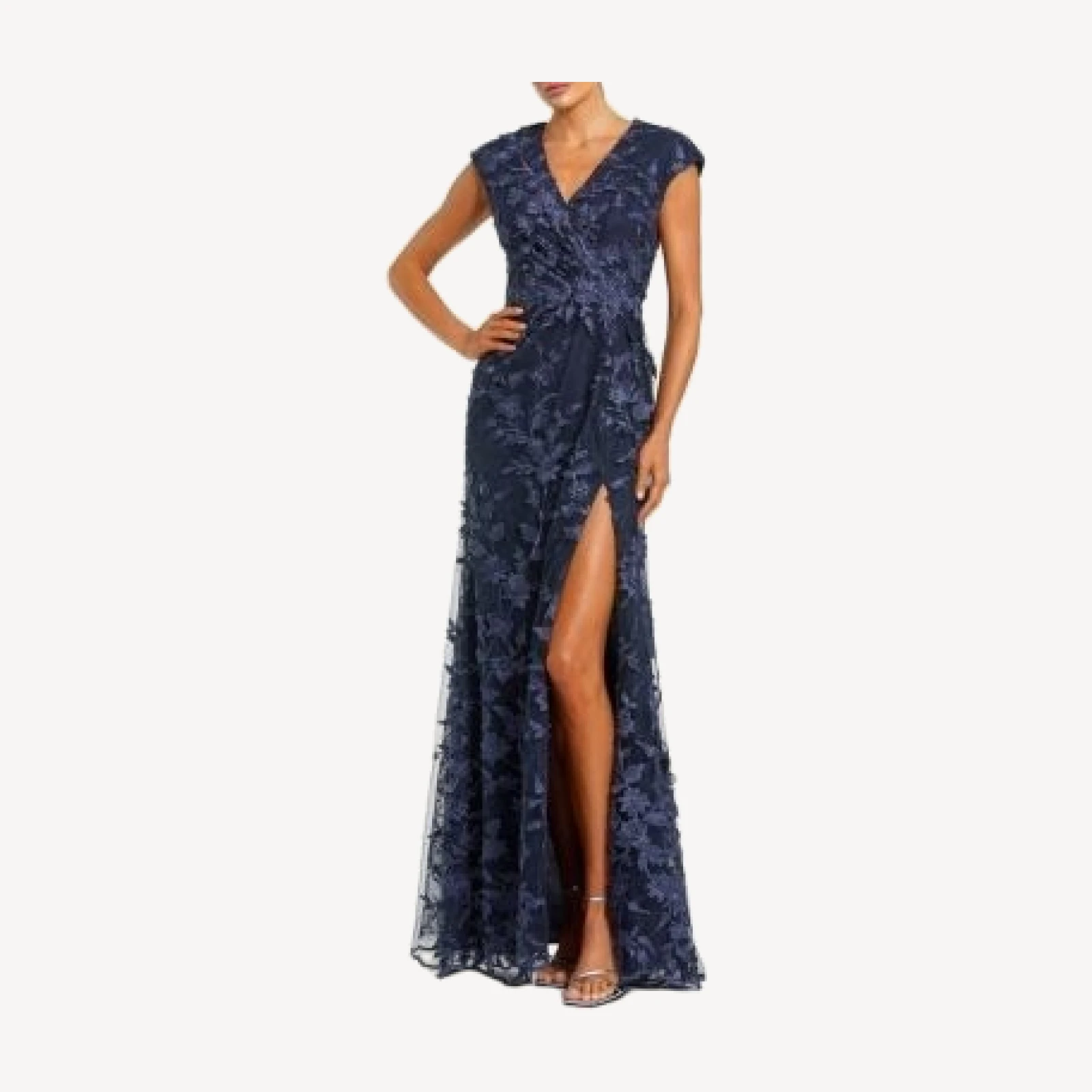 Mac Duggal Faux Wrap Embroidered Cap Sleeve Gown