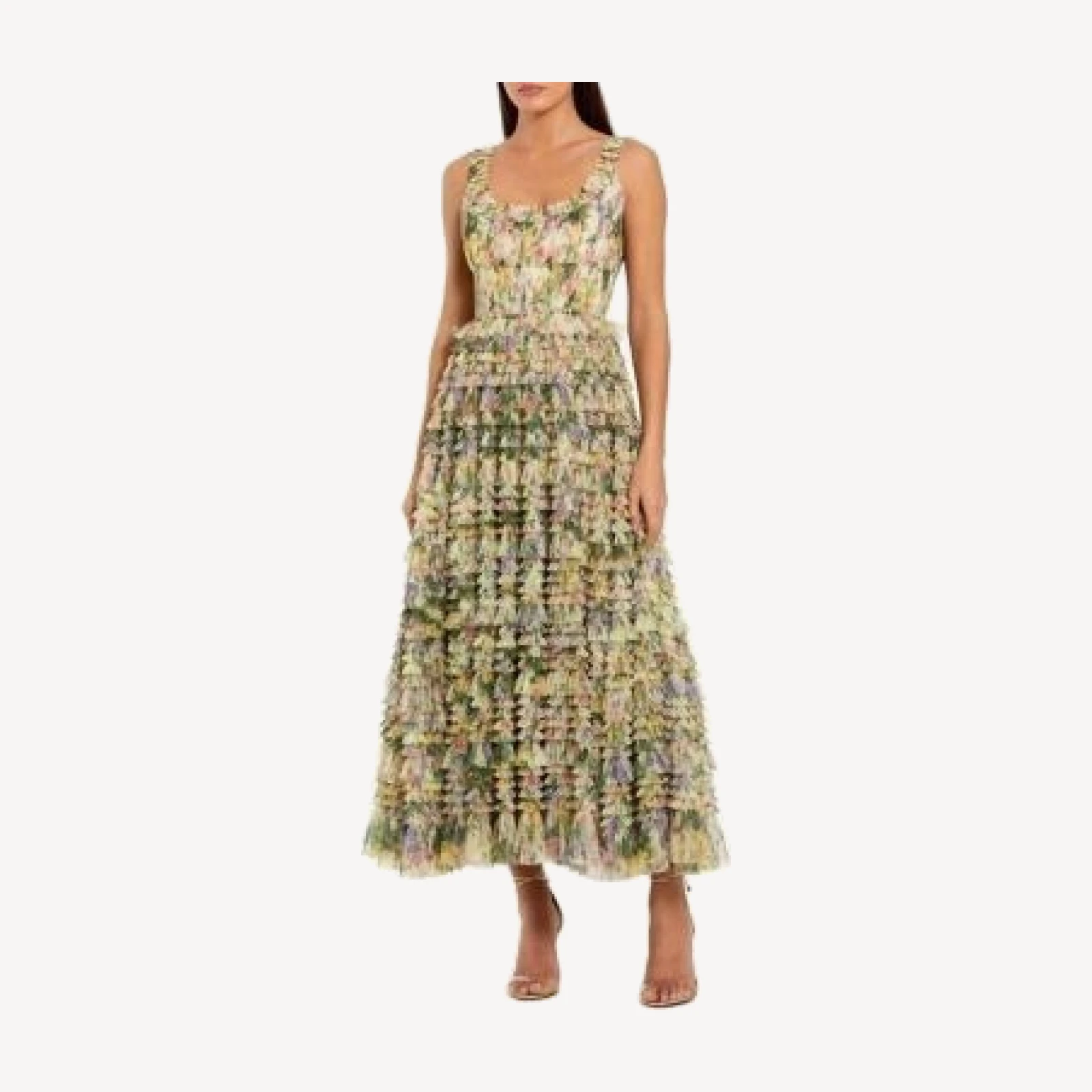 Mac Duggal Floral Printed Ruffle Midi Dress