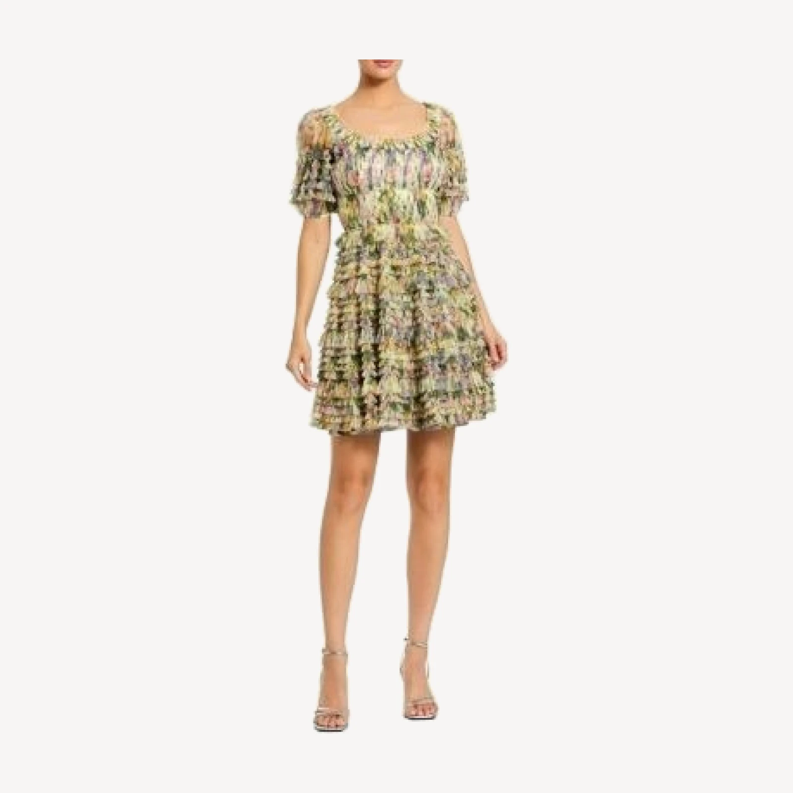 Mac Duggal Floral Mesh Puff Sleeve Ruffle Mini Dress