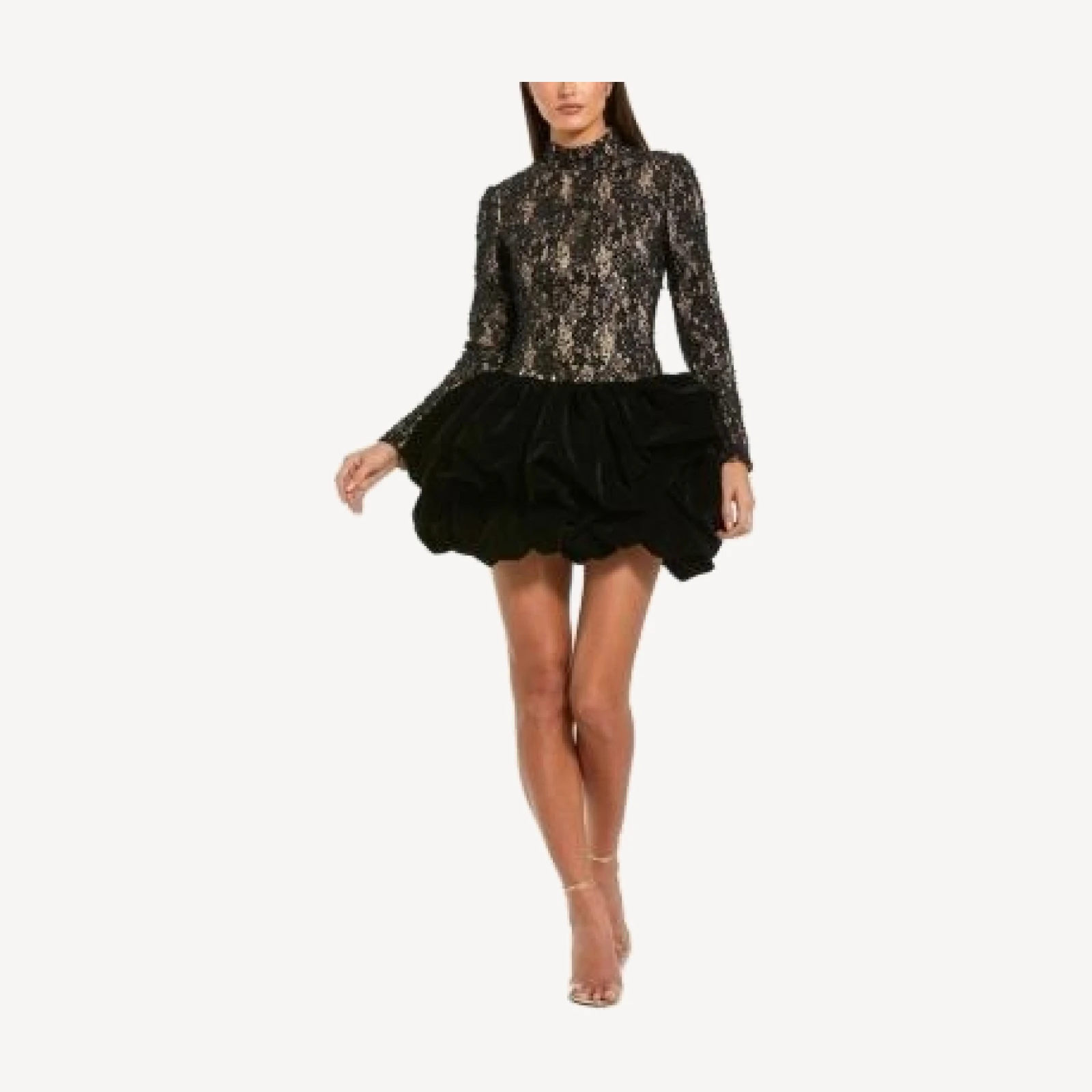 Mac Duggal Mock Neck Long Sleeve Lace and Velvet Mini Dress