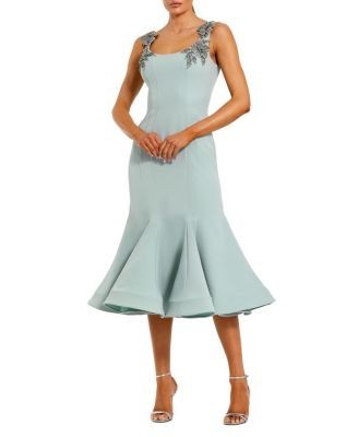 Mac Duggal Sleeveless Midi Dress with Floral Embellishments