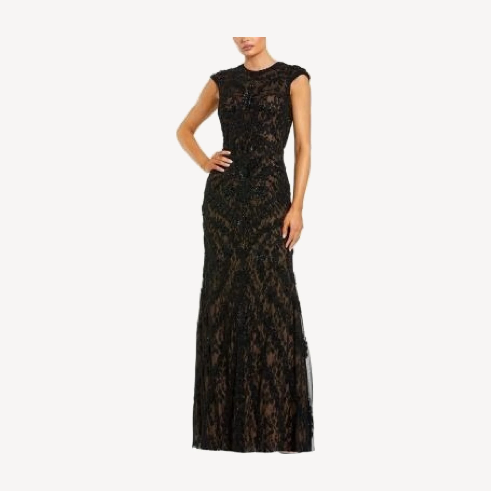 Mac Duggal Beaded High Neck Lace Mesh Sleeveless Column Gown