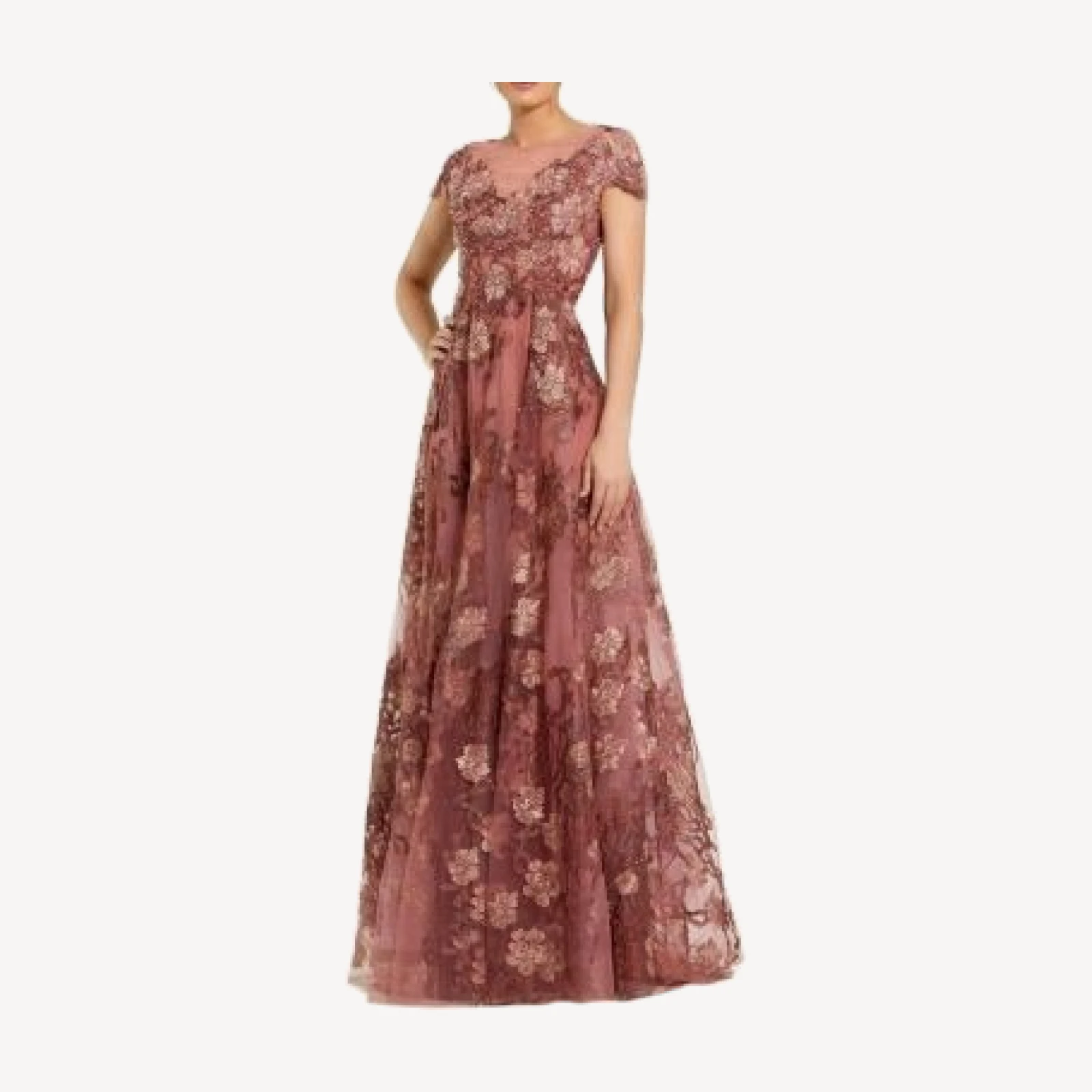 Mac Duggal Embroidered Mesh Dress with Illusion Neck and Short Sleeves