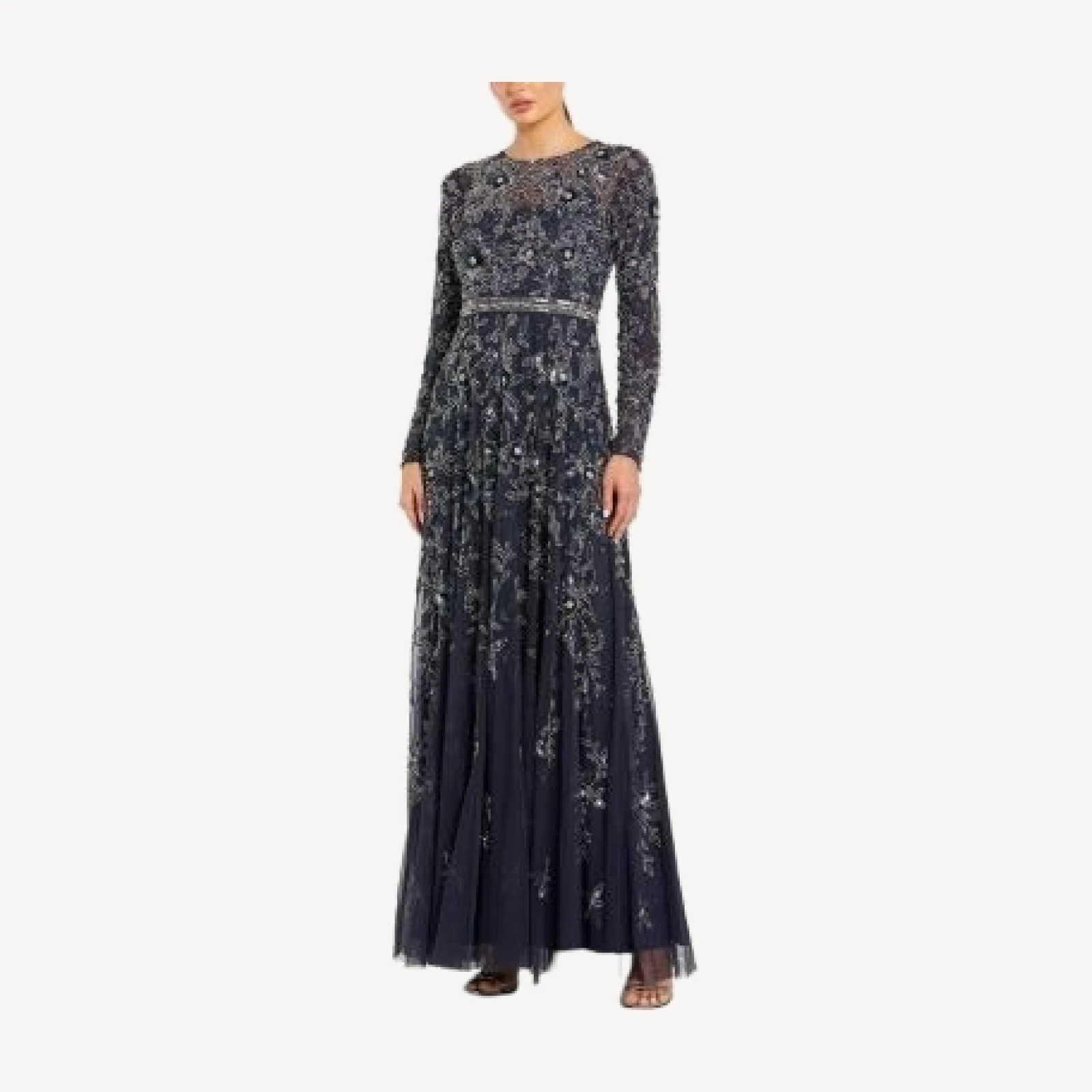 Mac Duggal Long Sleeve Floral Embellished Mesh A Line Gown
