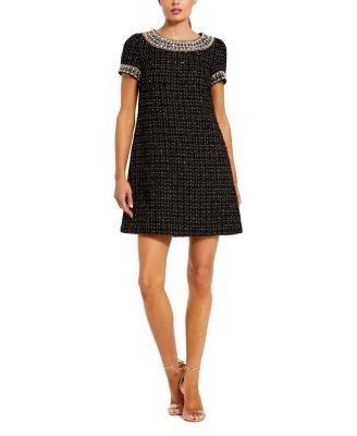 Mac Duggal Short Sleeve Embellished Boucle Mini Dress