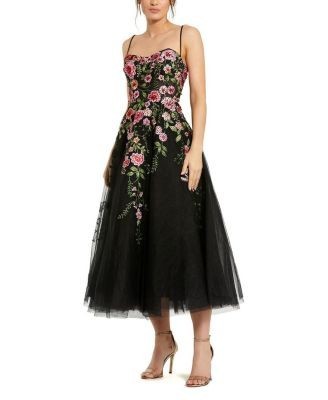 Mac Duggal Slim Strap Sheer Bustier Embroidered Dress