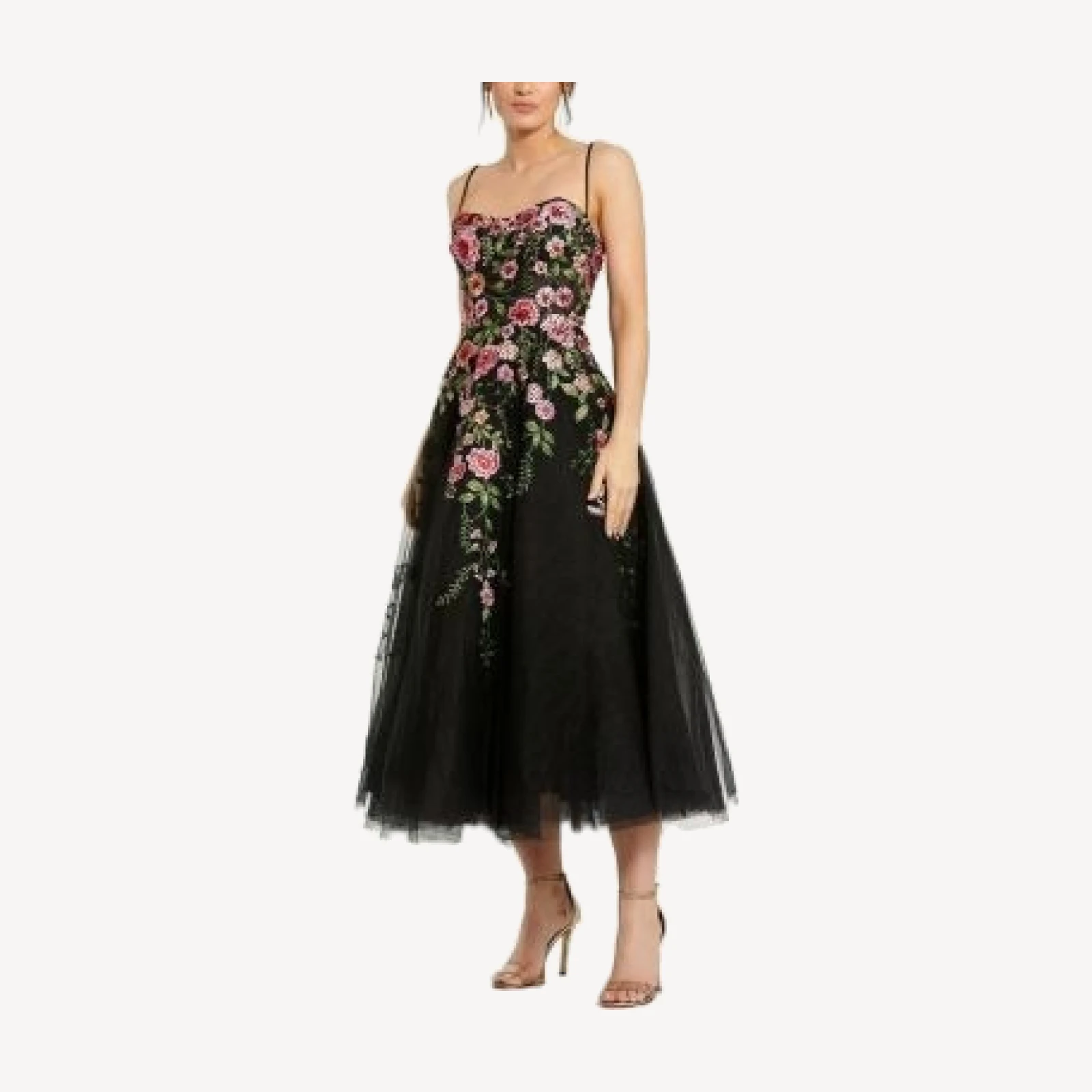 Mac Duggal Slim Strap Sheer Bustier Embroidered Dress