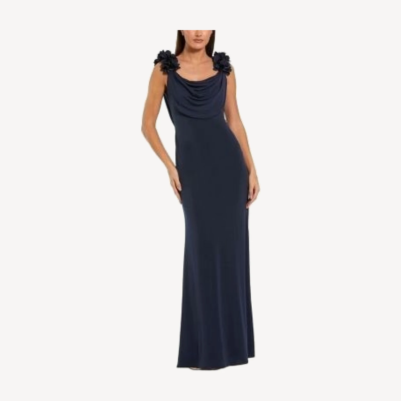 Mac Duggal Jersey Cowl Neck Gown with 3D Flower Straps