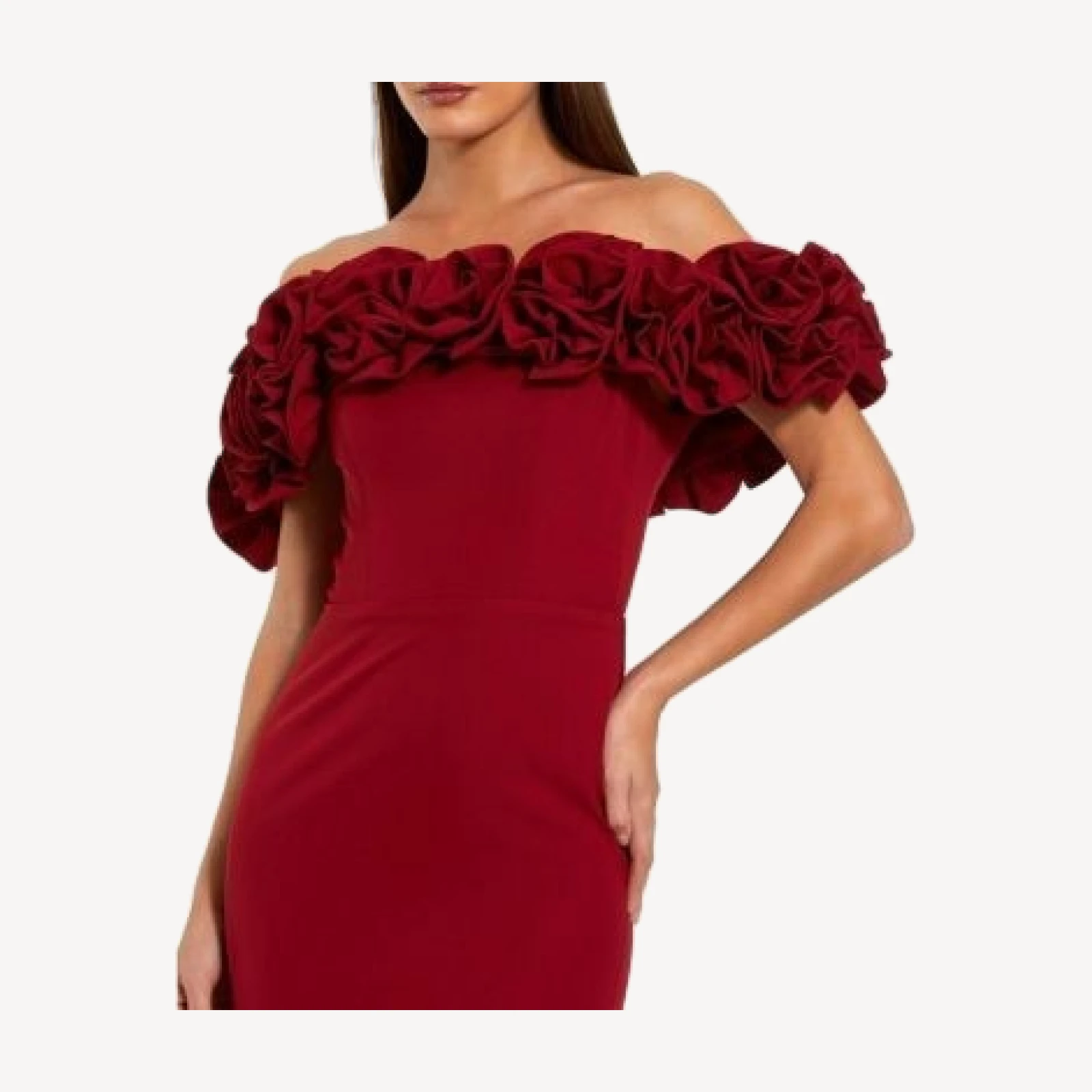 Mac Duggal Crepe Off The Shoulder Column Gown With 3D Roses
