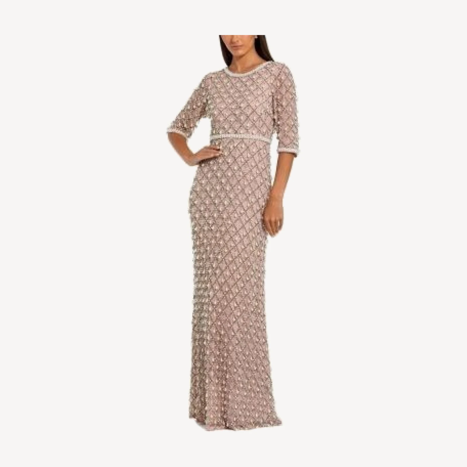 Mac Duggal 3/4 Sleeve Pearl Embellished Mesh Gown