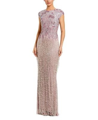 Mac Duggal Short Sleeve Mesh Gown With Fringe Beading