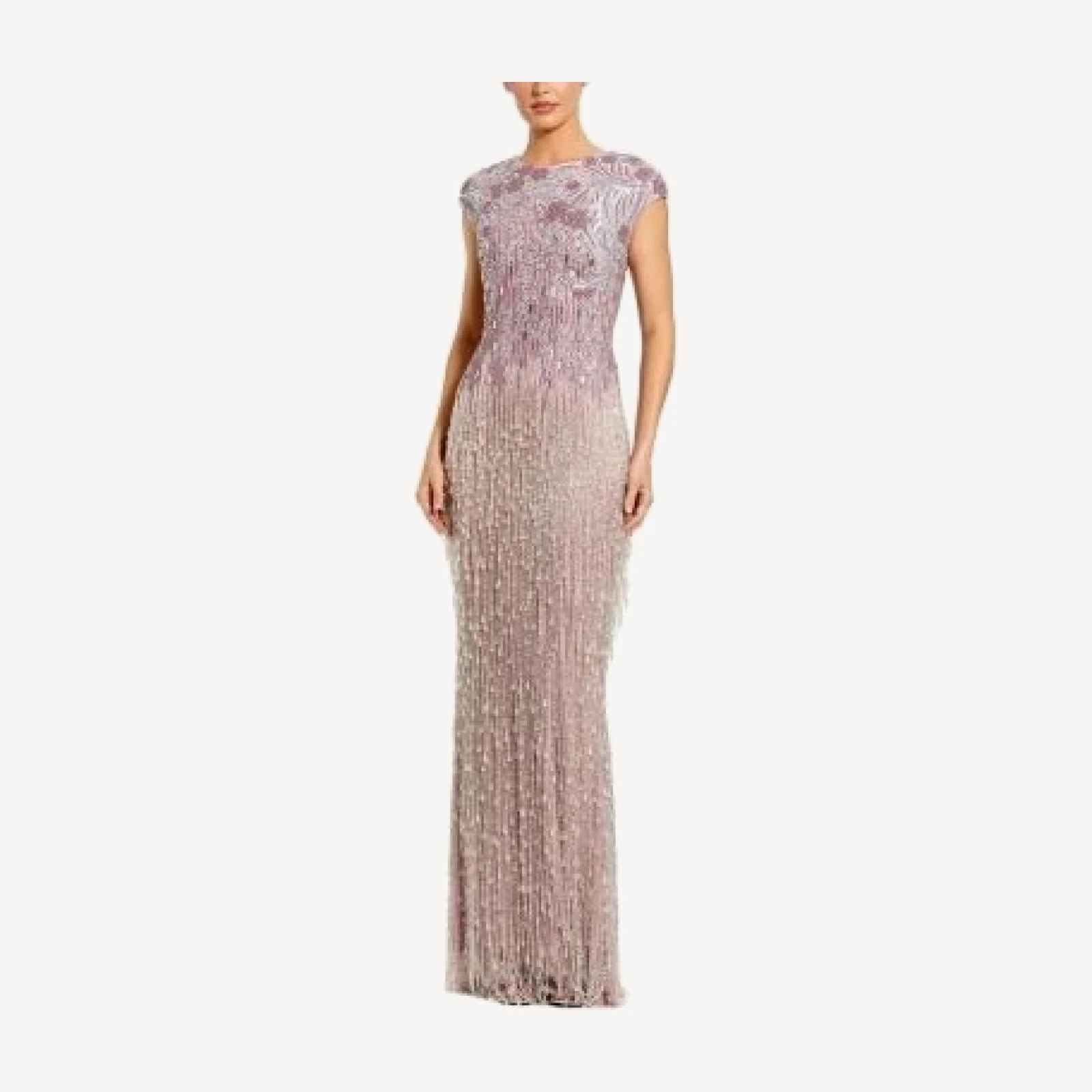Mac Duggal Short Sleeve Mesh Gown With Fringe Beading