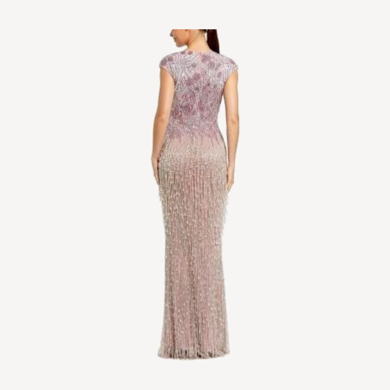 Mac Duggal Short Sleeve Mesh Gown With Fringe Beading