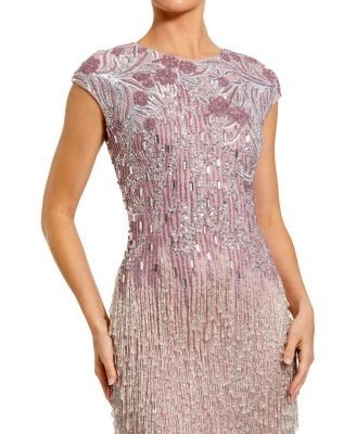 Mac Duggal Short Sleeve Mesh Gown With Fringe Beading
