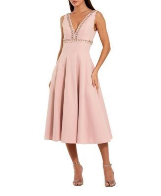 Women's Rhinestone Embellished Crepe A Line Midi Dress