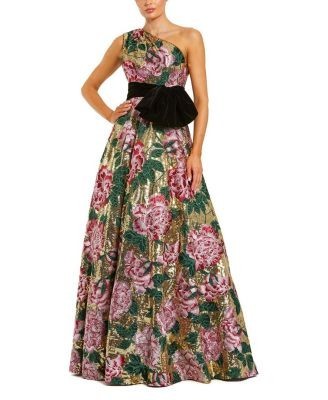 Mac Duggal One Shoulder Sequin Ballgown with Velvet Bow