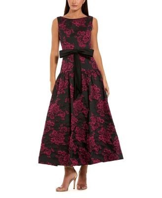 Mac Duggal Brocade Sleeveless Midi Dress with Satin Bow