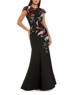 Mac Duggal Crepe Mermaid Gown with Floral Embroidery