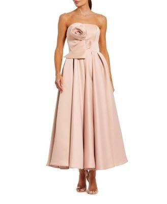 Mac Duggal Strapless Satin A Line Midi Dress with 3D Flower