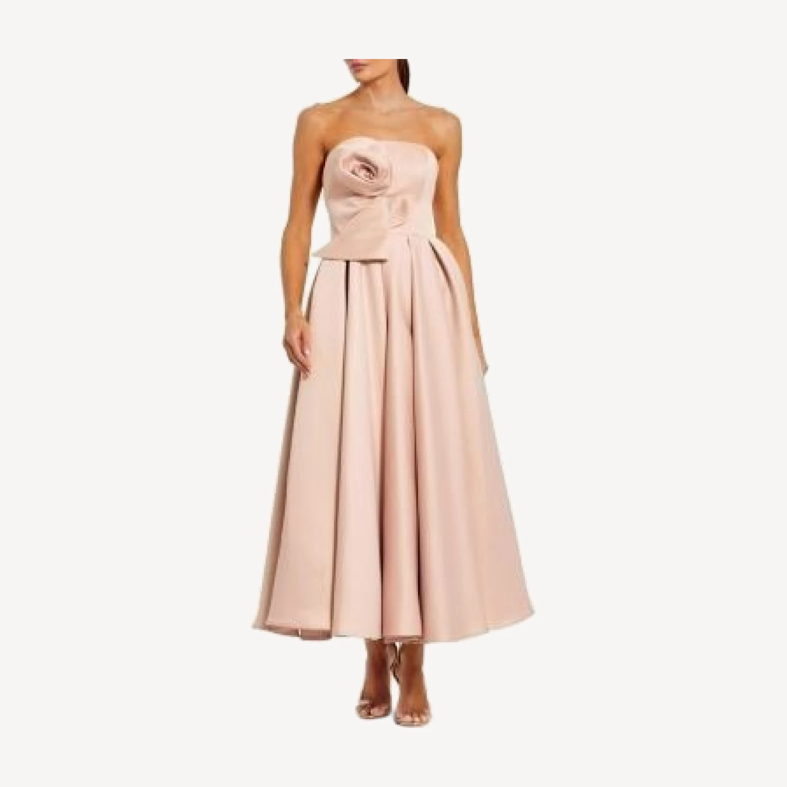 Mac Duggal Strapless Satin A Line Midi Dress with 3D Flower