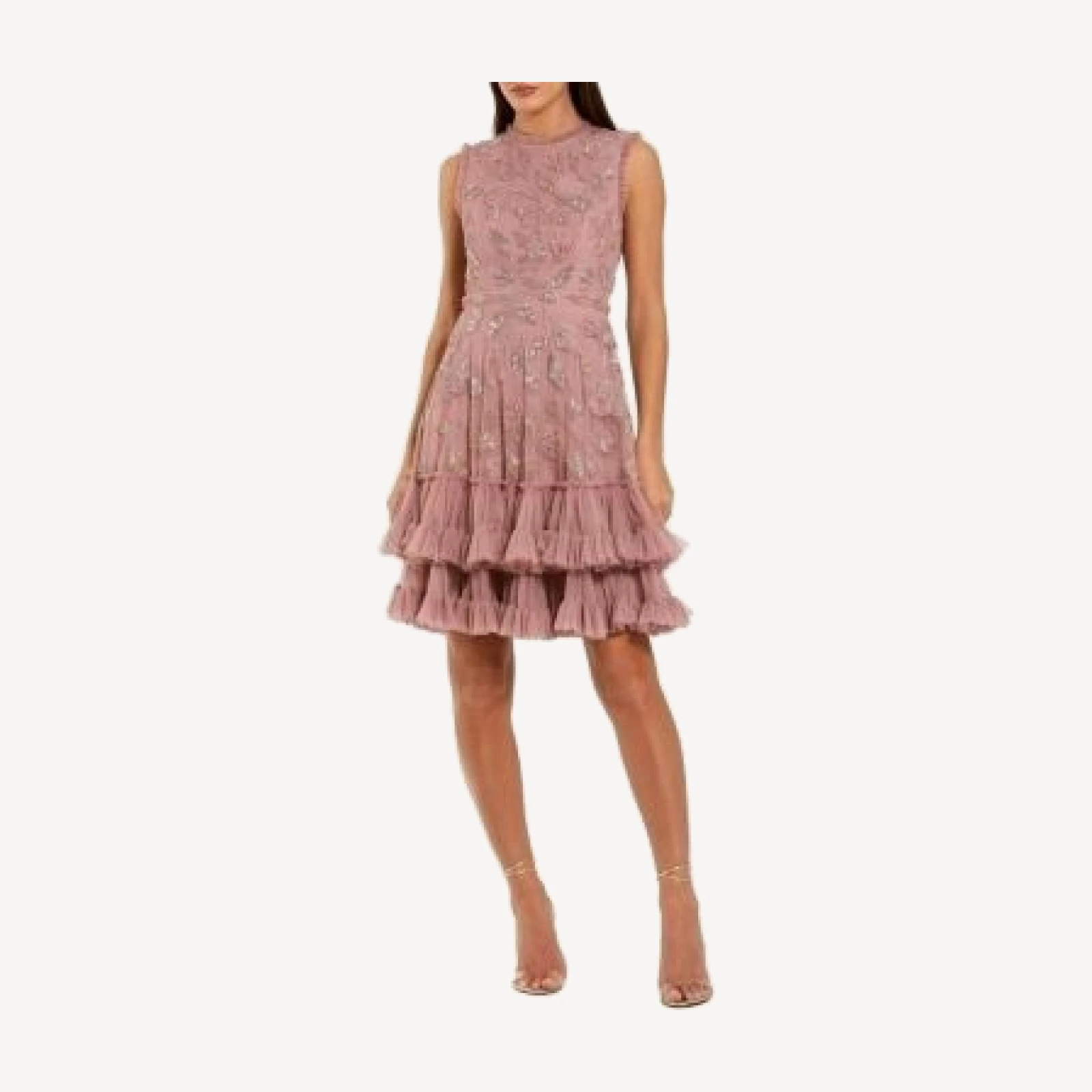 Mac Duggal High Neck Sleeveless Beaded Dress With Ruffled Hem