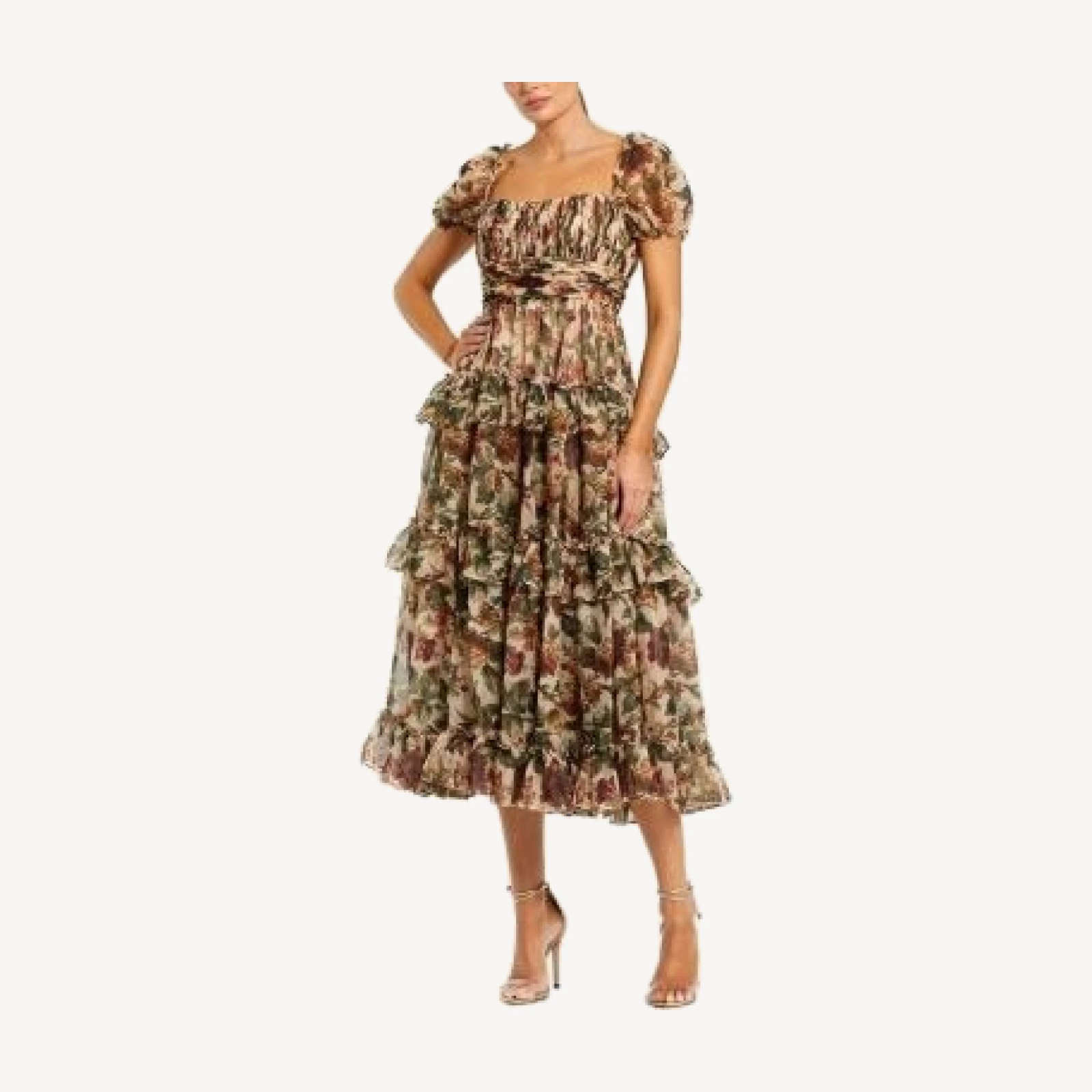 Mac Duggal Chiffon Puff Sleeve A Line Midi Dress with Ruffles