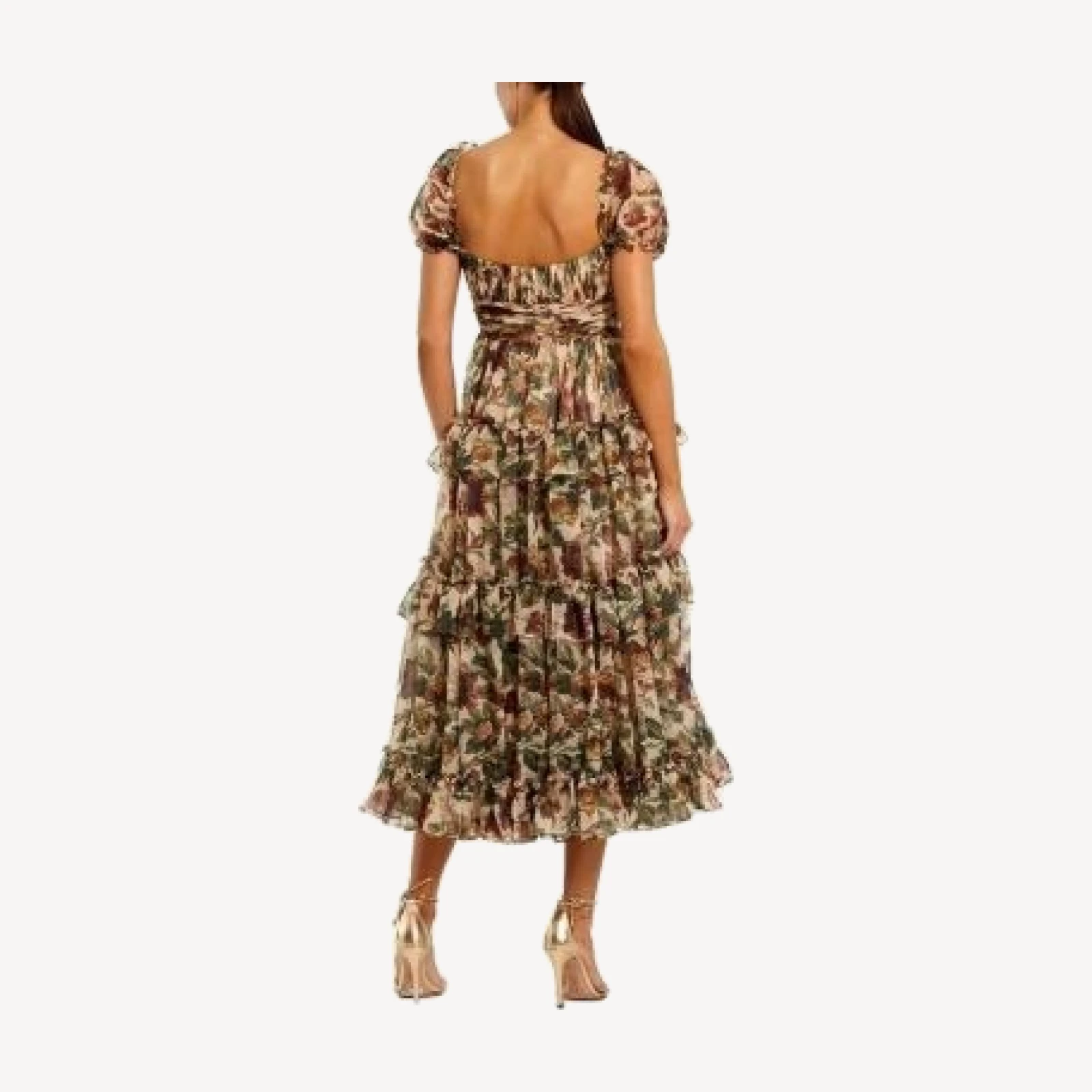 Mac Duggal Chiffon Puff Sleeve A Line Midi Dress with Ruffles