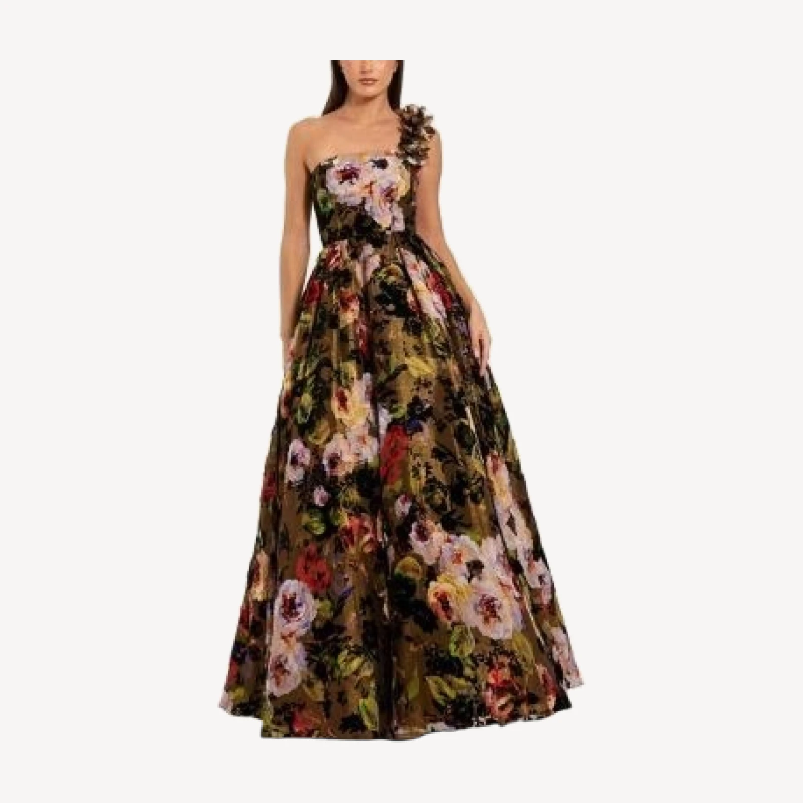 Mac Duggal One-Shoulder Floral Print Ballgown