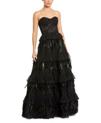 Mac Duggal Strapless Tiered Lace & Feather Gown